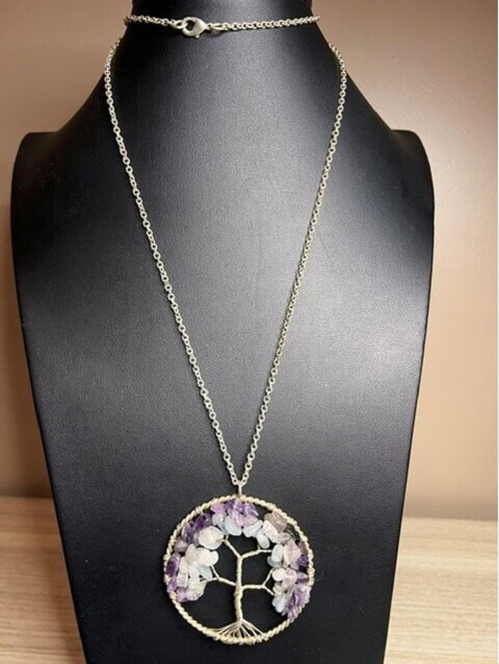 B5912 Tree of Life Amethyst Aquamarine Quartz Wire Wrapped Pendant Necklace 30"
